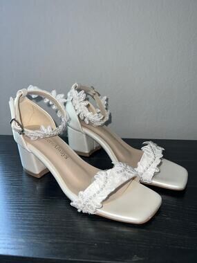 Bridal Lace Pearl Block Heel Sandals Wedding Shoes Bachelorette Ivory US 6.5